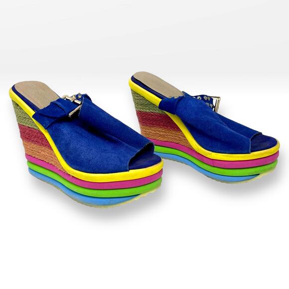 00s MDH Vintage Blue Yellow Platform Espadrille Wedge Heels - Picture 3 of 11